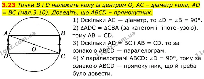 3.23 Точки В і D належать колу із центром О, AC – діаметр кола, AD = BC (мал.3.10). Доведіть, що ABCD – прямокутник. — ГДЗ Геометрія 8 клас Істер