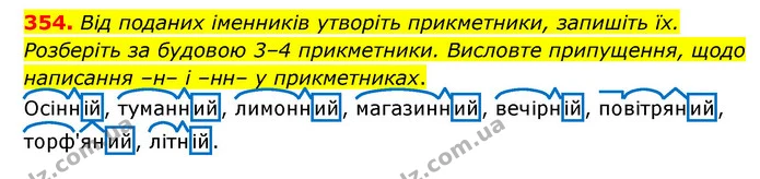 354. Від поданих іменників утворіть прикметники, запишіть їх. Розберіть за будовою 3–4 прикметники. Висловте припущення, щодо написання — ГДЗ Українська мова 6 клас Голуб 2023