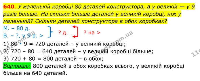 640. У маленькій коробці 80 деталей конструктора, а у великій — у 9 разів більше. На скільки більше деталей у великій коробці, ніж у — ГДЗ Математика 3 клас Бевз 1 частина
