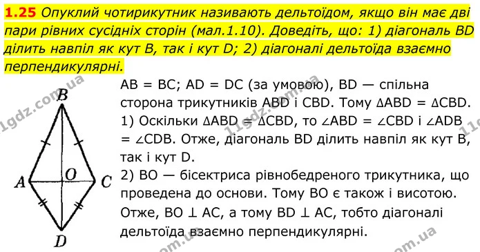 1.25 Опуклий чотирикутник називають дельтоїдом, якщо він має дві пари рівних сусідніх сторін (мал.1.10). Доведіть, що: 1) діагональ BD — ГДЗ Геометрія 8 клас Істер
