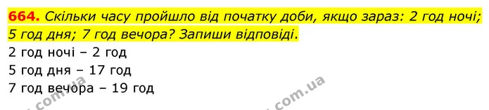 664. Скільки часу пройшло від початку доби, якщо зараз: 2 год ночі; 5 год дня; 7 год вечора? Запиши відповіді. — ГДЗ Математика 3 клас Листопад 1-2 ч.