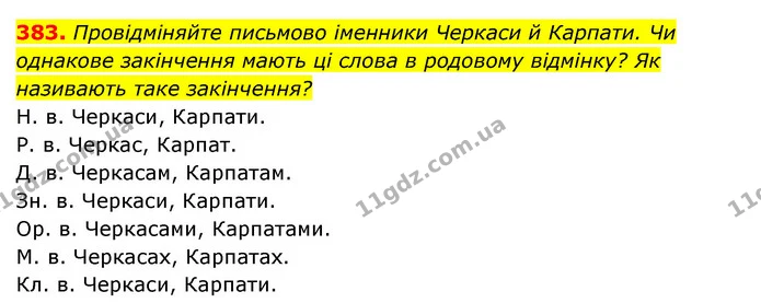 383. Провідміняйте письмово іменники Черкаси й Карпати. Чи однакове закінчення мають ці слова в родовому відмінку? Як називають таке — ГДЗ Українська мова 6 клас Заболотний 2023