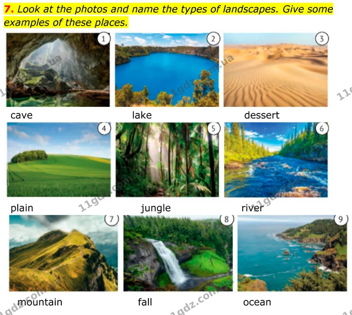 7. Look at the photos and name the types of landscapes. Give some examples of these places. — ГДЗ Англійська мова 8 клас Карпюк 2025
