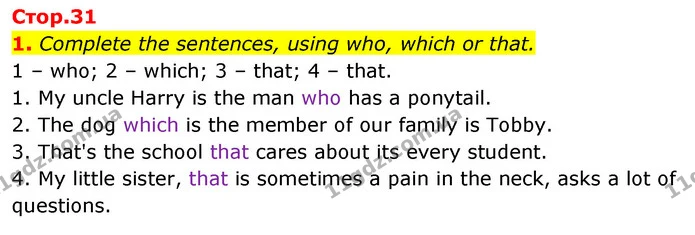 1. Complete the sentences, using who, which or that. — ГДЗ Англійська мова 6 клас Карпюк 2023