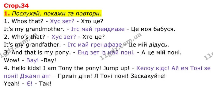 1. Послухай, покажи та повтори. — Англійська мова 1 клас Мітчелл