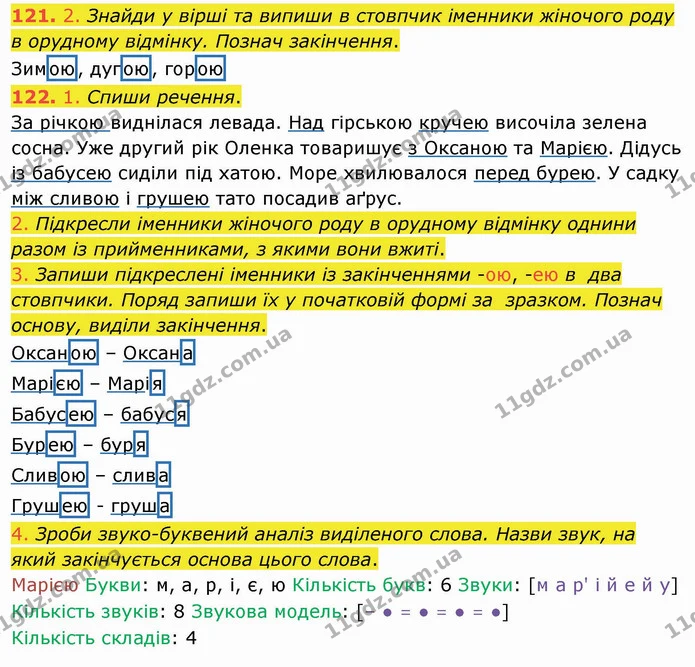 121. 2. Знайди у вірші та випиши в стовпчик іменники жіночого роду в орудному відмінку. Познач закінчення. — ГДЗ Українська мова та читання 4 клас Коваленко