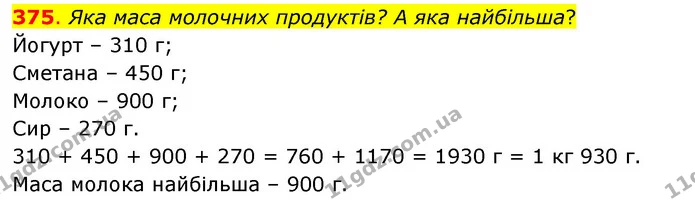 375. Яка маса молочних продуктів? А яка найбільша? — ГДЗ Математика 3 клас Бевз 1 частина