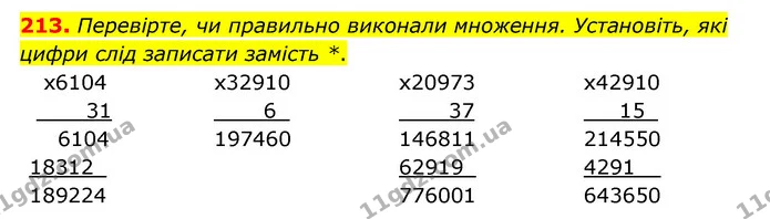 213. Перевірте, чи правильно виконали множення. Установіть, які цифри слід записати замість *. — ГДЗ Математика 4 клас Бевз 1 та 2 частини