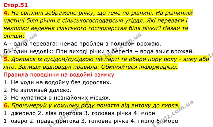 4. На світлині зображено річку, що тече по рівнині. На рівнинній частині біля річки є сільськогосподарські угіддя. Які переваги і — ГДЗ Робочий зошит Я досліджую світ 4 клас Гільберг