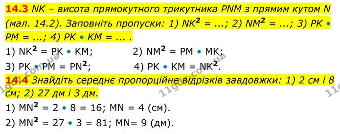 14.3 NK – висота прямокутного трикутника PNM з прямим кутом N (мал. 14.2). Заповніть пропуски: 1) NK2 = ...; 2) NM2 = ...; 3) PK • PM = — ГДЗ Геометрія 8 клас Істер
