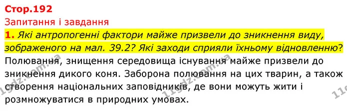 1. Які антропогенні фактори майже призвели до зникнення виду, зображеного на мал. 39.2? Які заходи сприяли їхньому відновленню? — ГДЗ Біологія 7 клас Тагліна