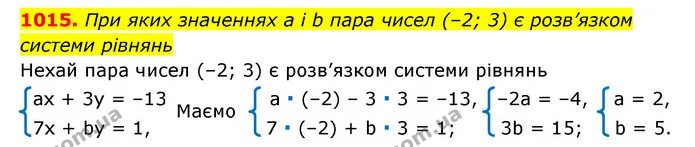 1015. При яких значеннях a і b пара чисел (–2; 3) є розв’язком — ГДЗ Алгебра 7 клас Мерзляк, Полонський 2015