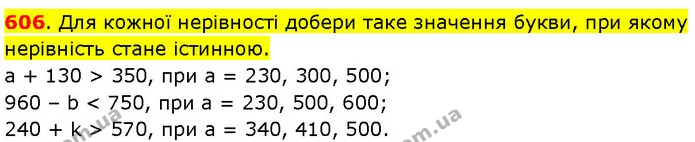 606. Для кожної нерівності добери таке значення букви, при якому нерівність стане істинною. — ГДЗ Математика 3 клас Козак 1-2 ч.