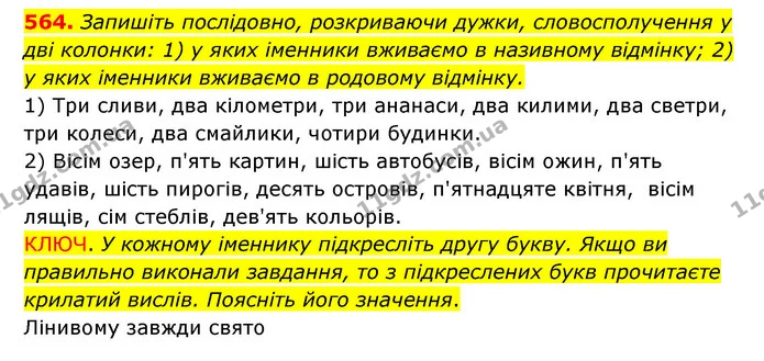 564. Запишіть послідовно, розкриваючи дужки, словосполучення у дві колонки: 1) у яких іменники вживаємо в називному відмінку; 2) — ГДЗ Українська мова 6 клас Заболотний 2023