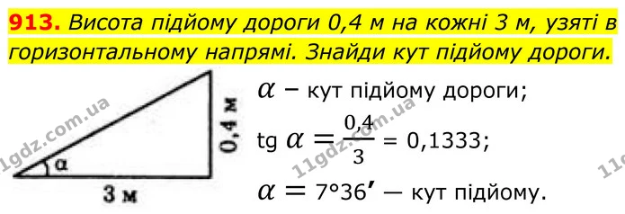 913. Висота підйому дороги 0,4 м на кожні 3 м, узяті в горизонтальному напрямі. Знайди кут підйому дороги. — ГДЗ Геометрія 8 клас Бевз