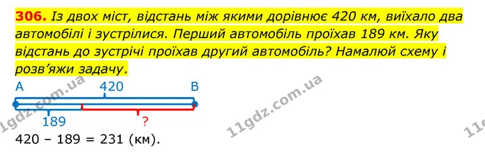 306. Із двох міст, відстань між якими дорівнює 420 км, виїхало два автомобілі і зустрілися. Перший автомобіль проїхав 189 км. Яку — ГДЗ Математика 4 клас Бевз 1 та 2 частини
