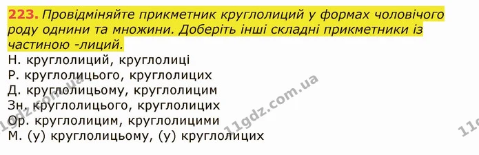 223. Провідміняйте прикметник круглолиций у формах чоловічого роду однини та множини. Доберіть інші складні прикметники із частиною — ГДЗ Українська мова 6 клас Заболотний 2019