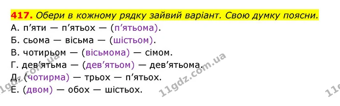 417. Обери в кожному рядку зайвий варіант. Свою думку поясни. — ГДЗ Українська мова 6 клас Онатій