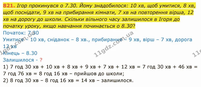 821. Ігор прокинувся о 7.30. Йому знадобилося: 10 хв, щоб умитися, 8 хв, щоб поснідати, 9 хв на прибирання кімнати, 7 хв на повторення — ГДЗ Математика 5 клас Істер 2022