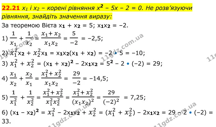 22.21 x1 і x2 – корені рівняння x2 – 5х – 2 = 0. Не розв’язуючи — ГДЗ Алгебра 8 клас Істер