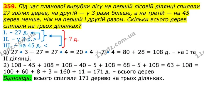 359. Під час планової вирубки лісу на першій лісовій ділянці спиляли 27 зрілих дерев, на другій — у 3 рази більше, а на третій — на 45 — ГДЗ Математика 3 клас Лишенко (1, 2 частина)