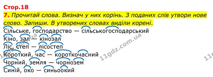 7. Прочитай слова. Визнач у них корінь. З поданих слів утвори нове слово. Запиши. В утворених словах виділи корені. — ГДЗ Українська мова 4 клас Чабайовська