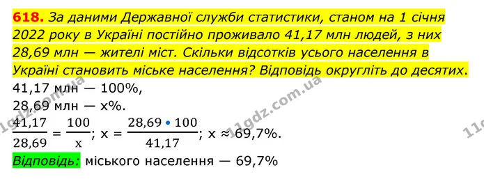 618. За даними Державної служби статистики, станом на 1 січня 2022 року в Україні постійно проживало 41,17 млн людей, з них 28,69 млн — — ГДЗ Математика 6 клас Мерзляк 2023 1-2 ч.