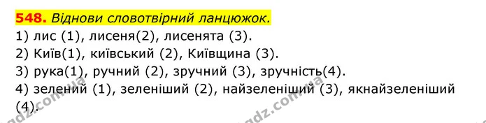 548. Віднови словотвірний ланцюжок. — ГДЗ Українська мова 6 клас Онатій