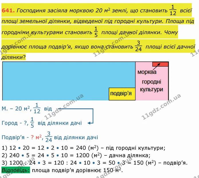 641. Господиня засіяла морквою 20 м2 землі, що становить всієї площі земельної ділянки, відведеної під городні культури. Площа під — ГДЗ Математика 4 клас Заїка