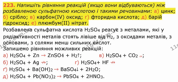223. Напишіть рівняння реакцій (якщо вони відбуваються) між розбавленою сульфатною кислотою і такими речовинами: а) цинк; — ГДЗ Хімія 8 клас Попель