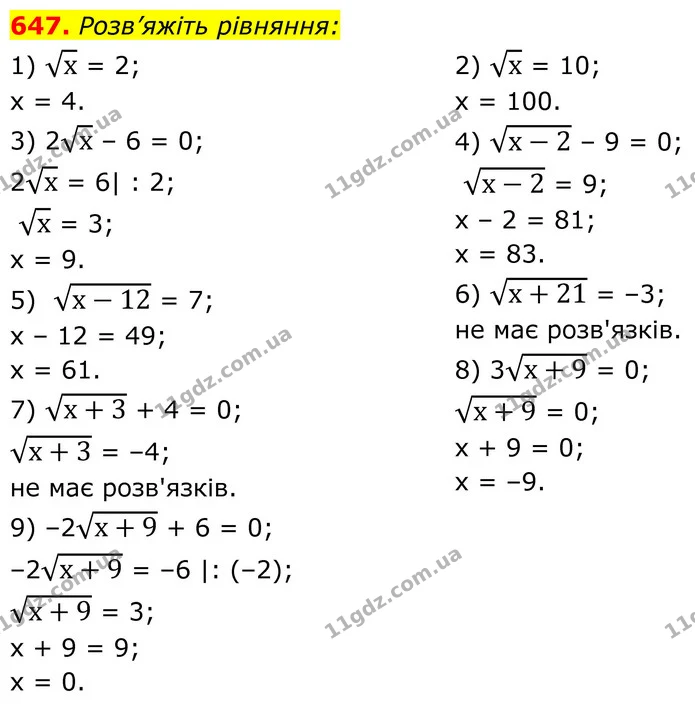 647. Розв’яжіть рівняння: — ГДЗ Алгебра 8 клас Тарасенкова