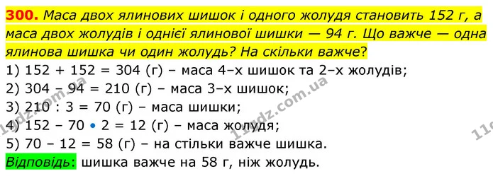 300. Маса двох ялинових шишок і одного жолудя становить 152 г, а маса двох жолудів і однієї ялинової шишки — 94 г. Що важче — одна — ГДЗ Математика 5 клас Скворцова 2022