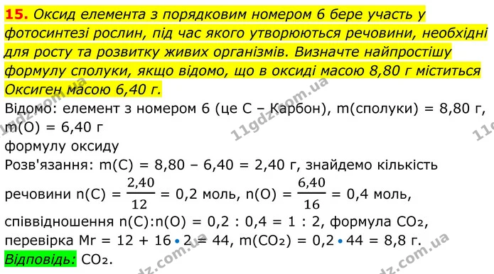 15. Оксид елемента з порядковим номером 6 бере участь у фотосинтезі рослин, під час якого утворюються речовини, необхідні для росту та — ГДЗ Хімія 8 клас Мідак