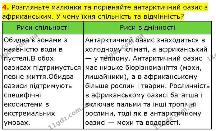 4. Розгляньте малюнки та порівняйте антарктичний оазис з африканським. У чому їхня спільність та відмінність? — ГДЗ зошит для практичних Географія 7 клас Довгань
