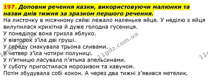 197. Доповни речення казки, використовуючи малюнки та назви днів тижня за зразком першого речення. — ГДЗ Українська мова 2 клас Захарійчук