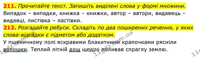 211. Прочитайте текст. Запишіть виділені слова у формі множини. — ГДЗ Відповіді Українська мова 6 клас Єрмоленко