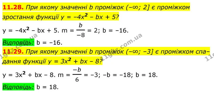 11.28. При якому значенні b проміжок (–∞; 2] є проміжком зростання функції y = –4x2 – bx + 5? — ГДЗ Алгебра 9 клас Мерзляк 2026