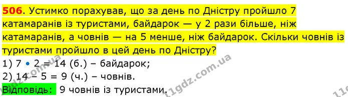506. Устимко порахував, що за день по Дністру пройшло 7 катамаранів із туристами, байдарок — у 2 рази більше, ніж катамаранів, а човнів — ГДЗ Математика 3 клас Козак 1-2 ч.