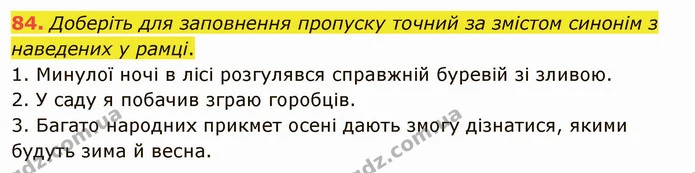84. Доберіть для заповнення пропуску точний за змістом синонім з наведених у рамці. — ГДЗ Українська мова 5 клас Заболотний 2022