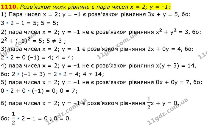 1110. Розв’язком яких рівнянь є пара чисел х = 2; у = –1: — ГДЗ Алгебра 7 клас Істер 2024