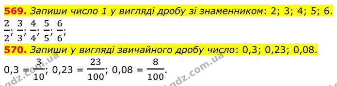 569. Запиши число 1 у вигляді дробу зі знаменником: 2; 3; 4; 5; 6. — ГДЗ Математика 6 клас Бевз 1-2 ч.