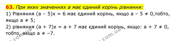 63. При яких значеннях a має єдиний корінь рівняння: — ГДЗ Алгебра 7 клас Мерзляк, Полонський 2015
