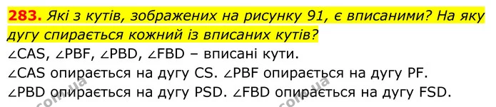 283. Які з кутів, зображених на рисунку 91, є вписаними? На яку — ГДЗ Геометрія 8 клас Мерзляк