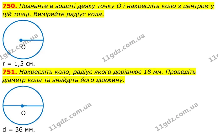 750. Позначте в зошиті деяку точку O і накресліть коло з центром у цій точці. Виміряйте радіус кола. — ГДЗ Математика 6 клас Кравчук 2023