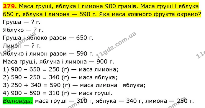 279. Маса груші, яблука і лимона 900 грамів. Маса груші і яблука 650 г, яблука і лимона — 590 г. Яка маса кожного фрукта окремо? — ГДЗ Математика 3 клас Будна 1-2 ч.