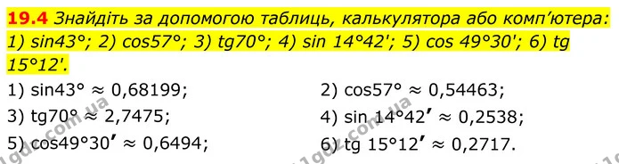 19.4 Знайдіть за допомогою таблиць, калькулятора або комп’ютера: — ГДЗ Геометрія 8 клас Істер