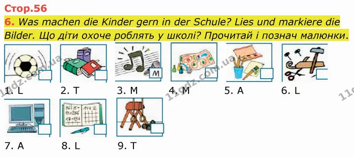 6. Was machen die Kinder gern in der Schule? Lies und markiere die Bilder. Що діти охоче роблять у школі? Прочитай і познач малюнки. — ГДЗ Німецька мова 5 клас Сотникова (1 рік)