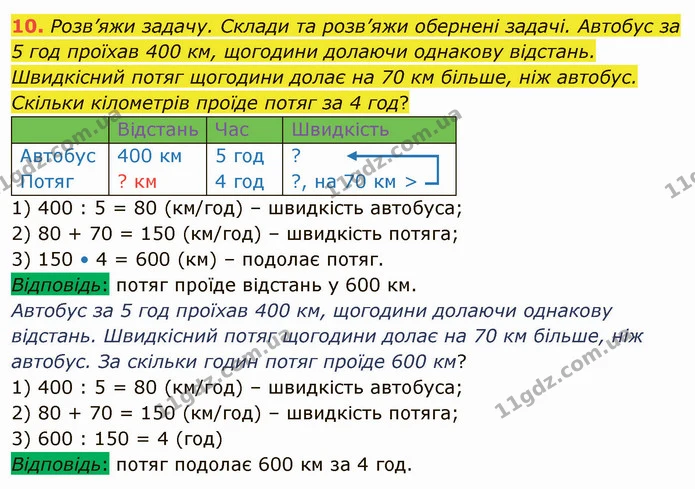 10. Розв’яжи задачу. Склади та розв’яжи обернені задачі. Автобус за 5 год проїхав 400 км, щогодини долаючи однакову відстань — ГДЗ Математика 4 клас Скворцова