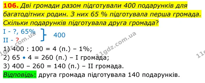 106. Дві громади разом підготували 400 подарунків для багатодітних родин. З них 65 % підготувала перша громада. Скільки подарунків — ГДЗ Математика 6 клас Істер 2023 1-2 ч.