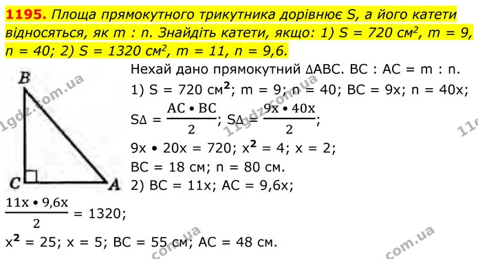 1195. Площа прямокутного трикутника дорівнює S, а його катети відносяться, як m : n. Знайдіть катети, якщо: 1) S = 720 см2, m = 9, n = — ГДЗ Геометрія 8 клас Бурда